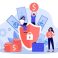 Money insurance concept. People protecting their cash and savings with shield. Flat vector illustration for safe loan, assurance, finance, guarantee topics