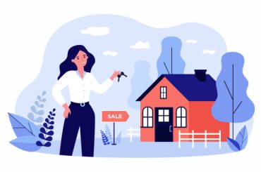 Woman holding keys from house for sale and smiling isolated flat vector illustration. Cartoon realty agent standing near building. Real estate and mortgage concept